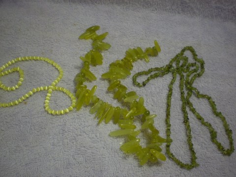 Yellow fiber optic*, olive jade, & peridot beads. 